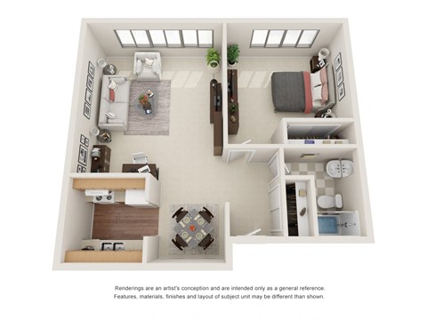 Floor plan for 1 bed, 1 bath, 700 sqft